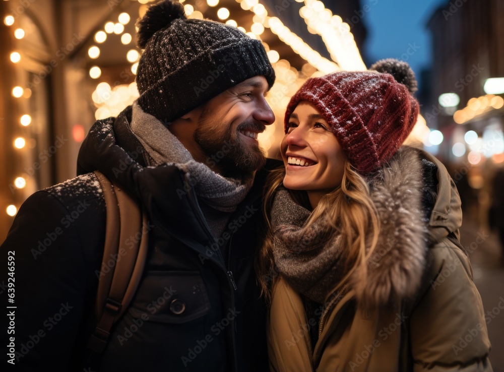 Happy couple on Christmas street