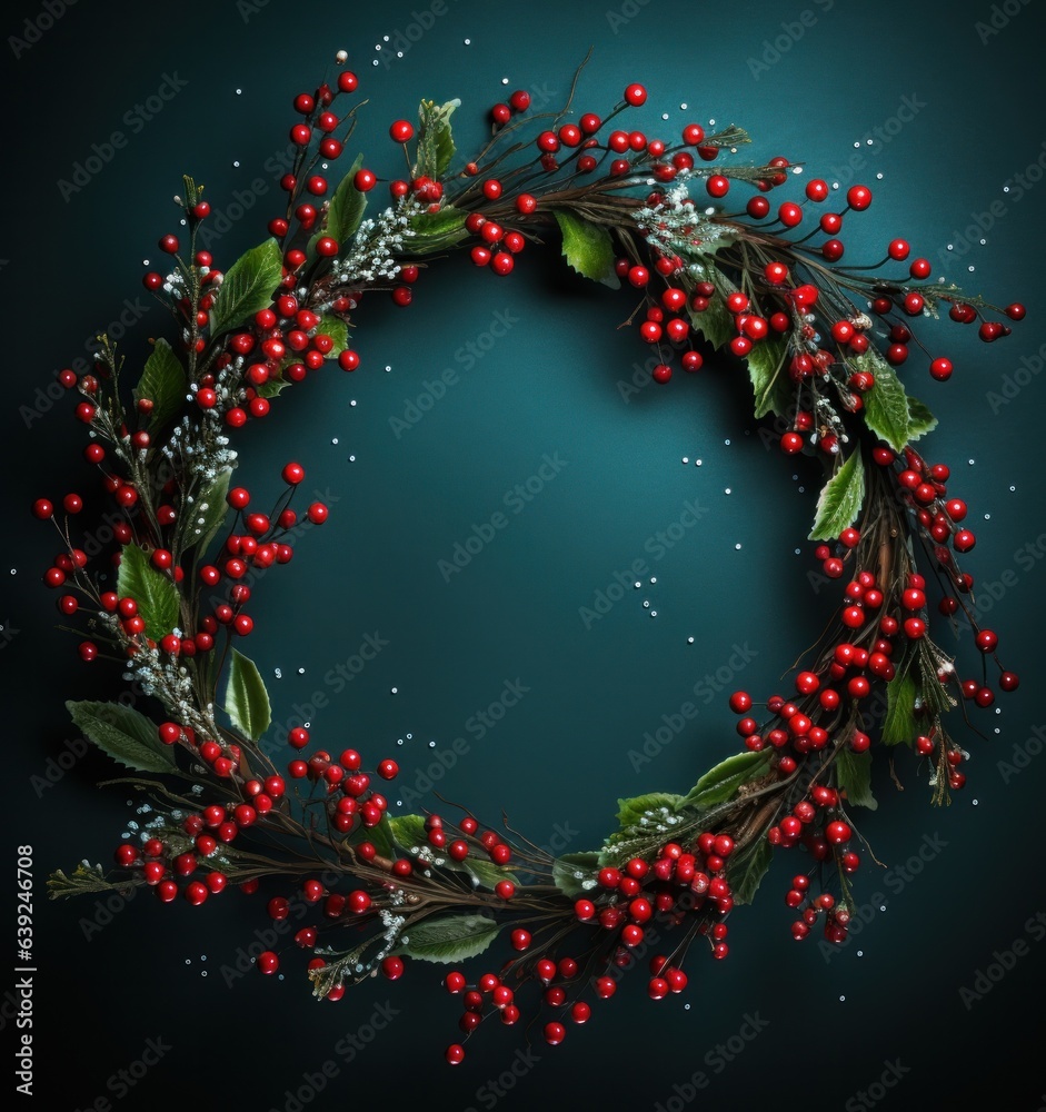 Holiday pine wreath on dark background