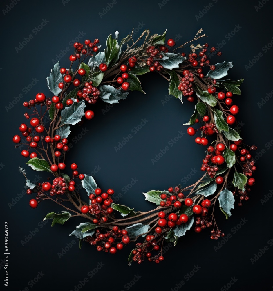 Holiday pine wreath on dark background