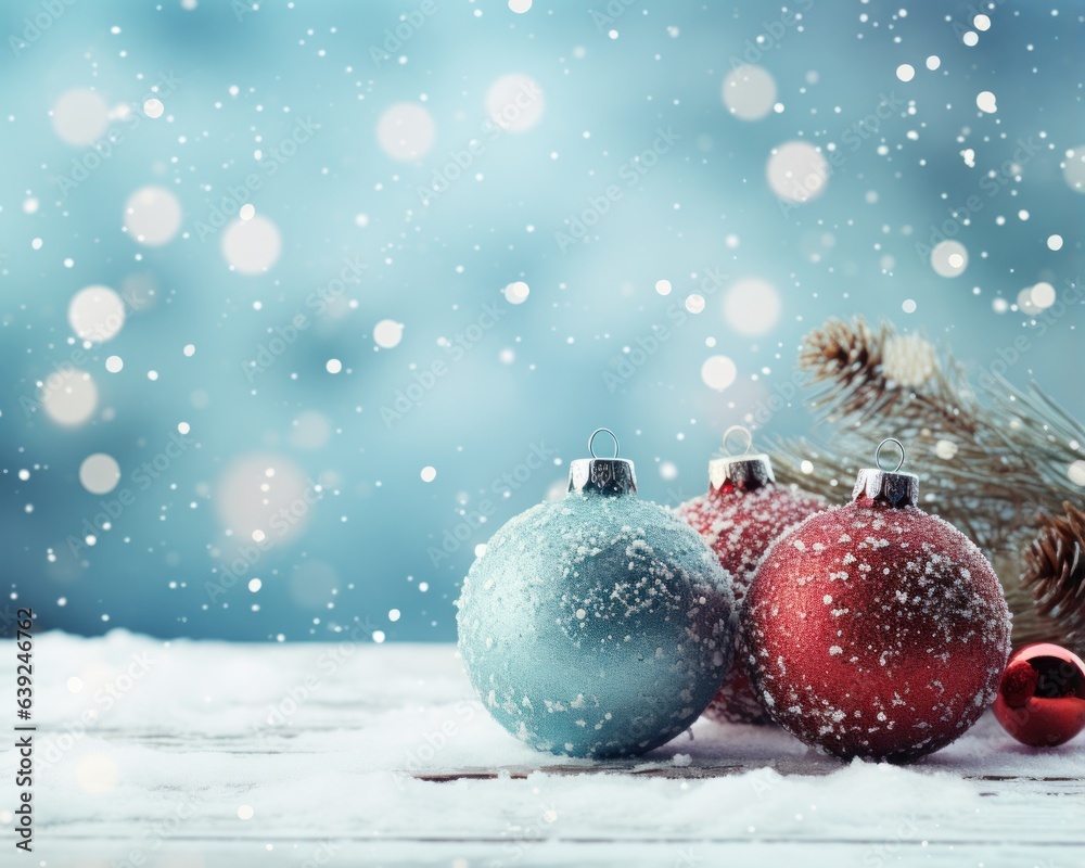 A snow background with christmas balls and cones