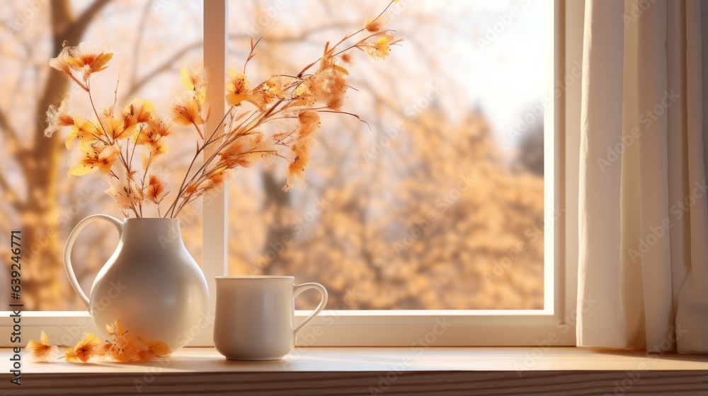 Autumn beige cozy background with cup of coffee