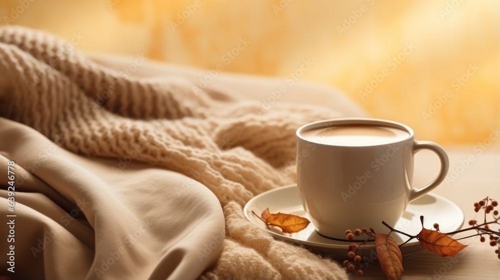 Autumn beige cozy background with cup of coffee