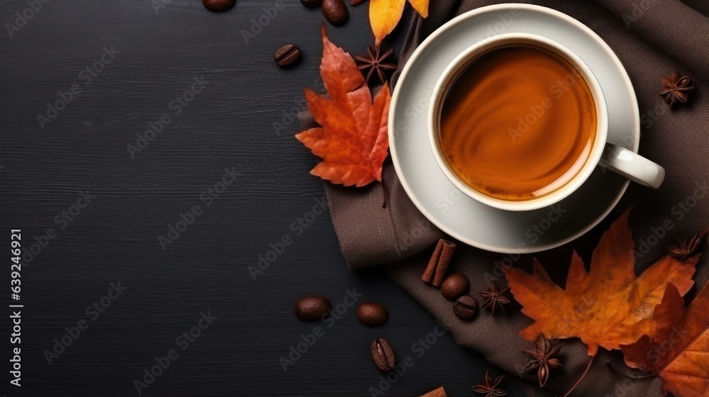 Autumn beige cozy background with cup of coffee