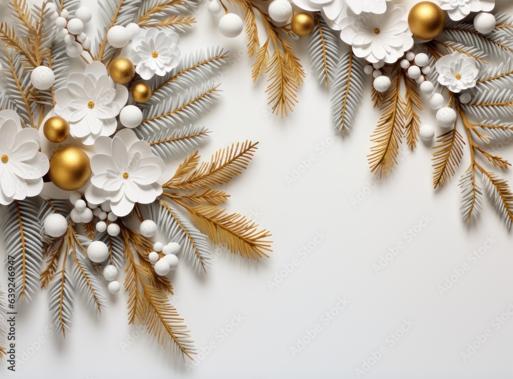 Spruce branches with gold and white ornaments on a white background