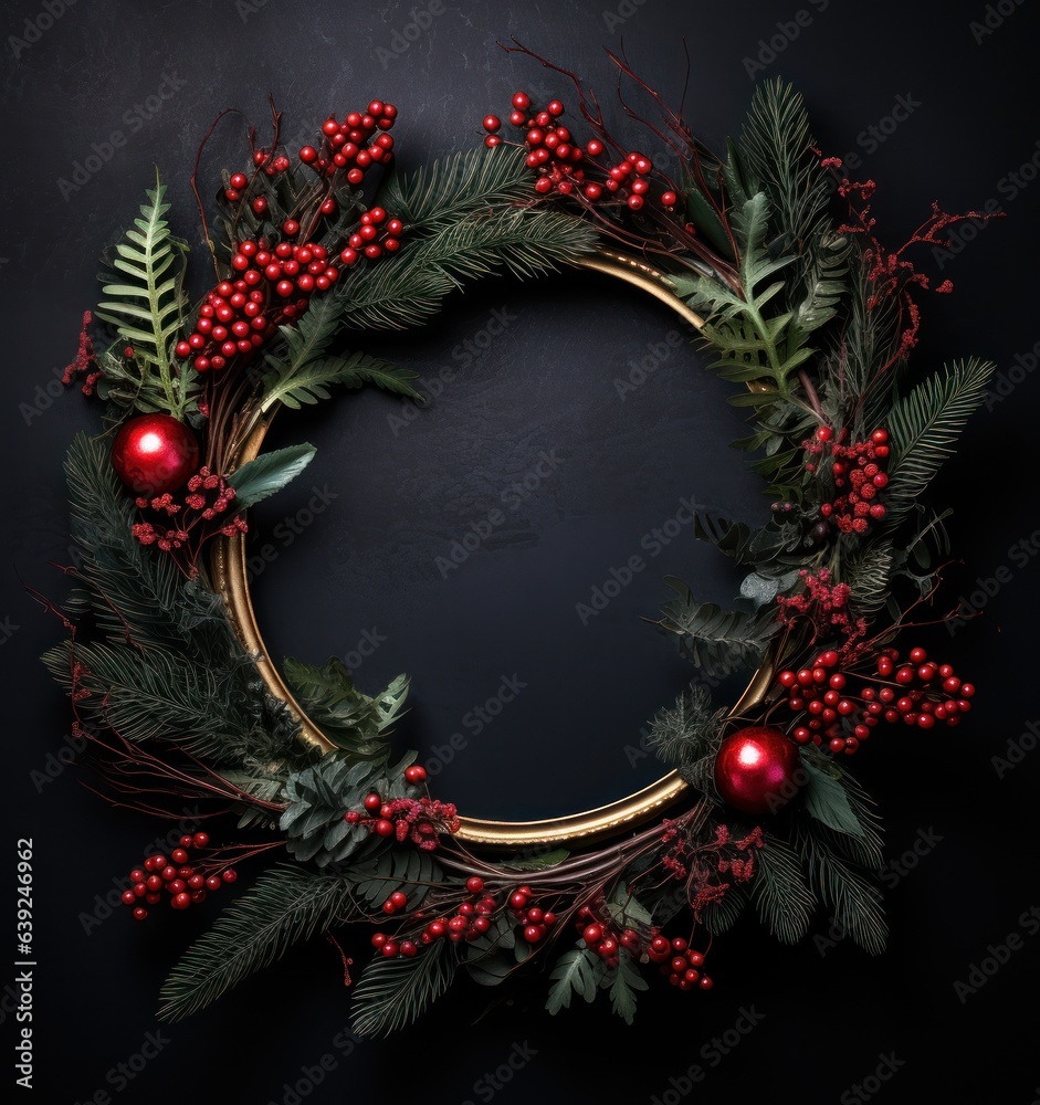 Holiday pine wreath on dark background