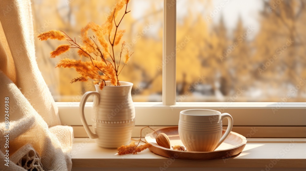 Autumn beige cozy background with cup of coffee