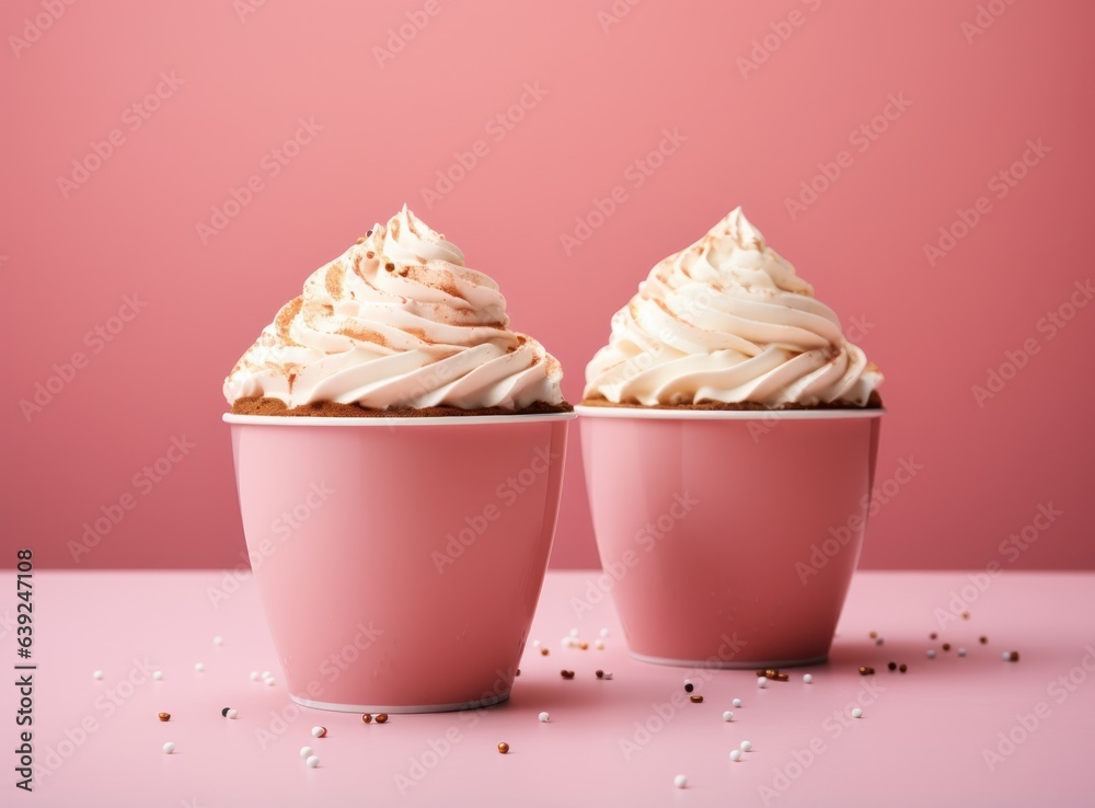 Pink pastel background with coffee cups