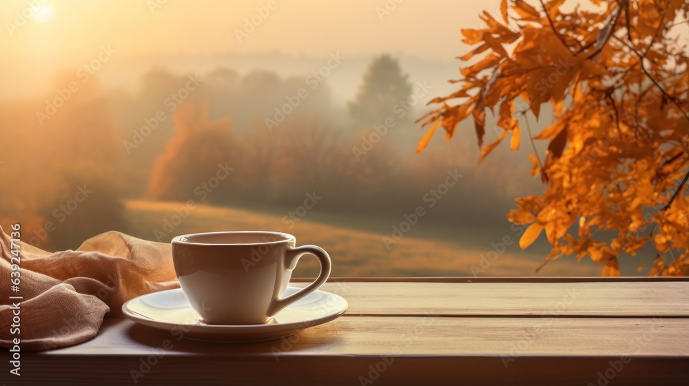 Autumn beige cozy background with cup of coffee