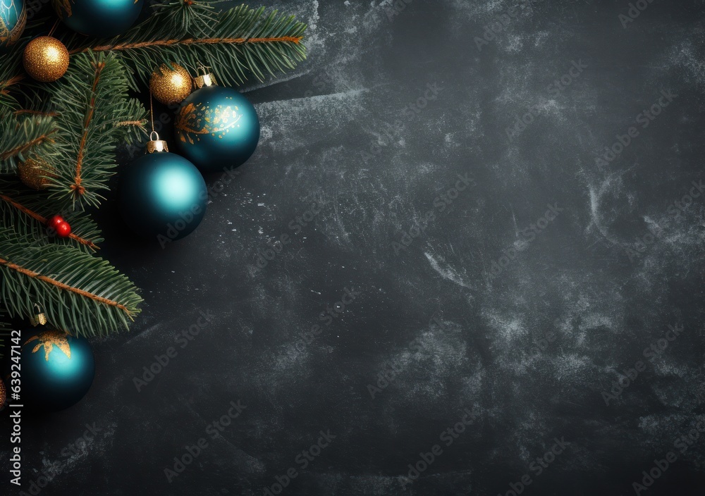 A snow background with christmas balls and cones