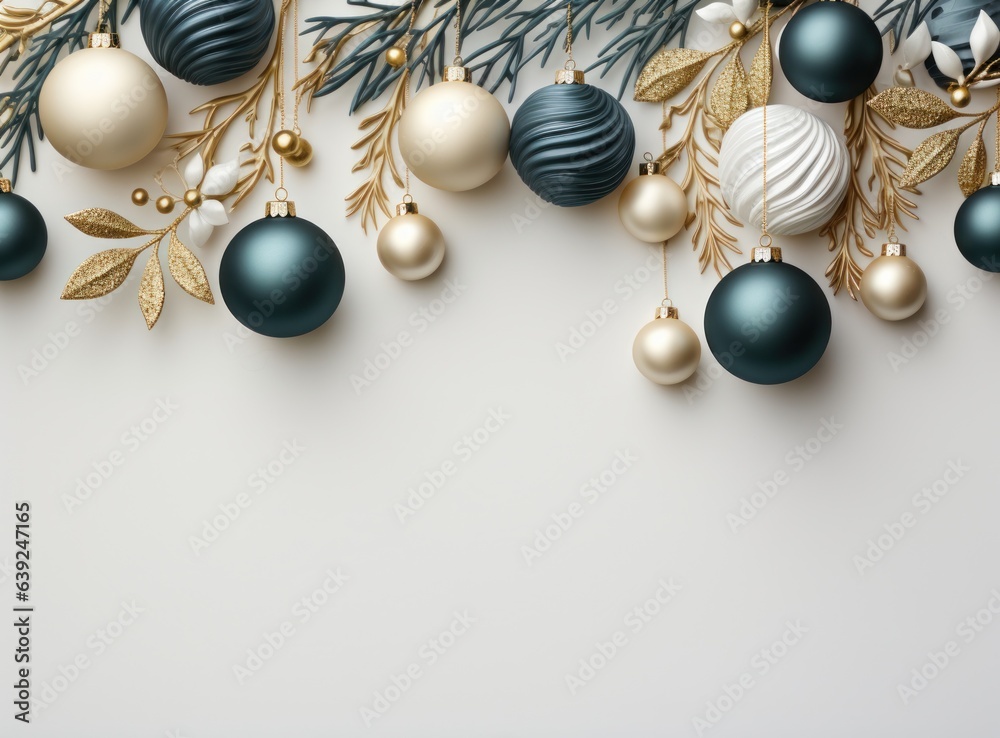 A snow background with christmas balls and cones