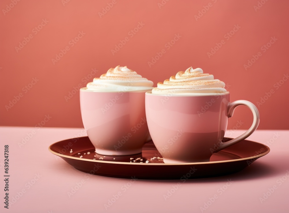 Pink pastel background with coffee cups