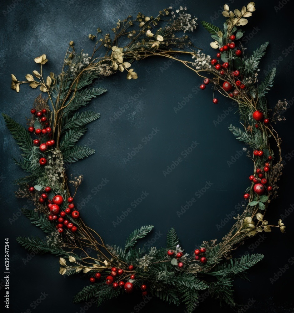 Holiday pine wreath on dark background