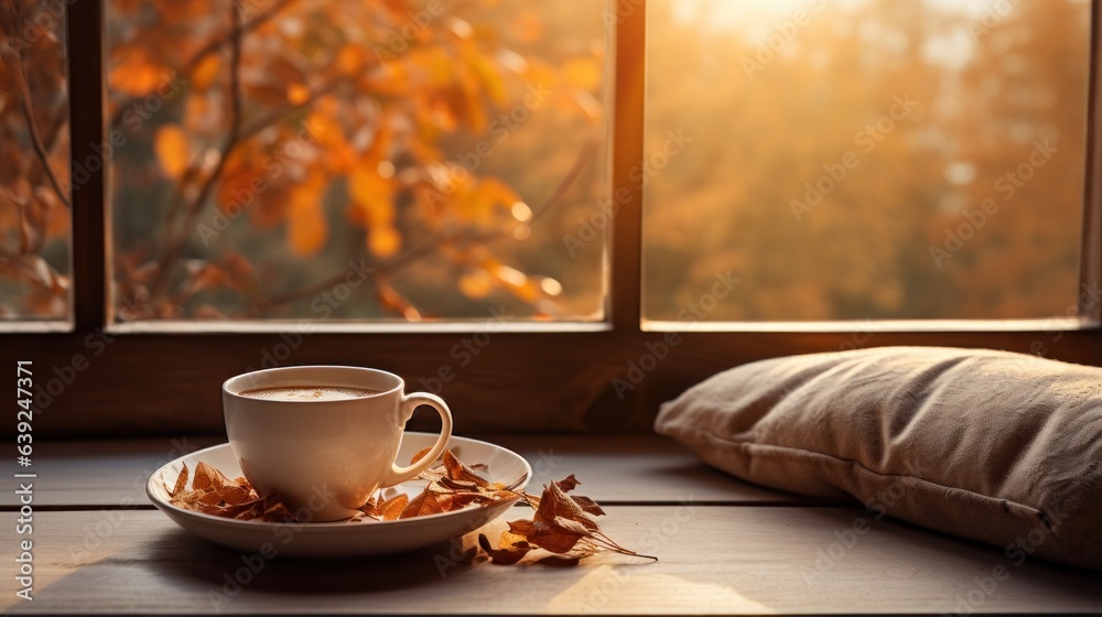 Autumn beige cozy background with cup of coffee