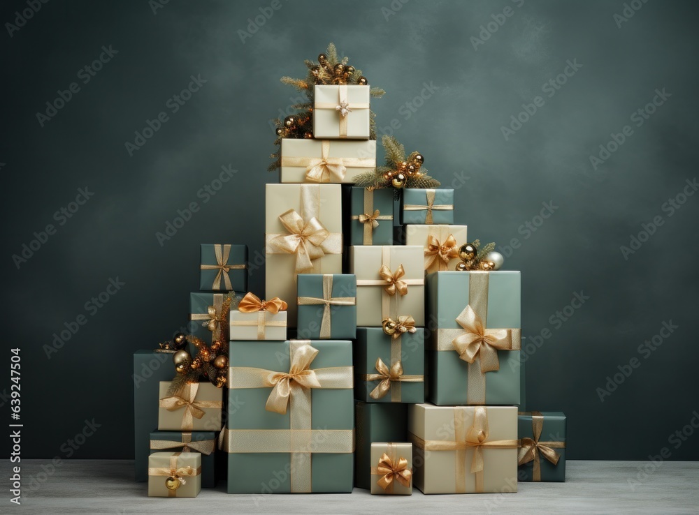 Christmas tree from green and gold gift boxes