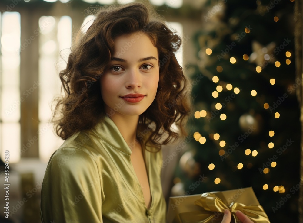 Young woman with brown hair and Christmas tree