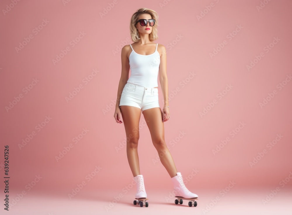 A woman standing in a pink skateboard with a pair of light pink rollerskates