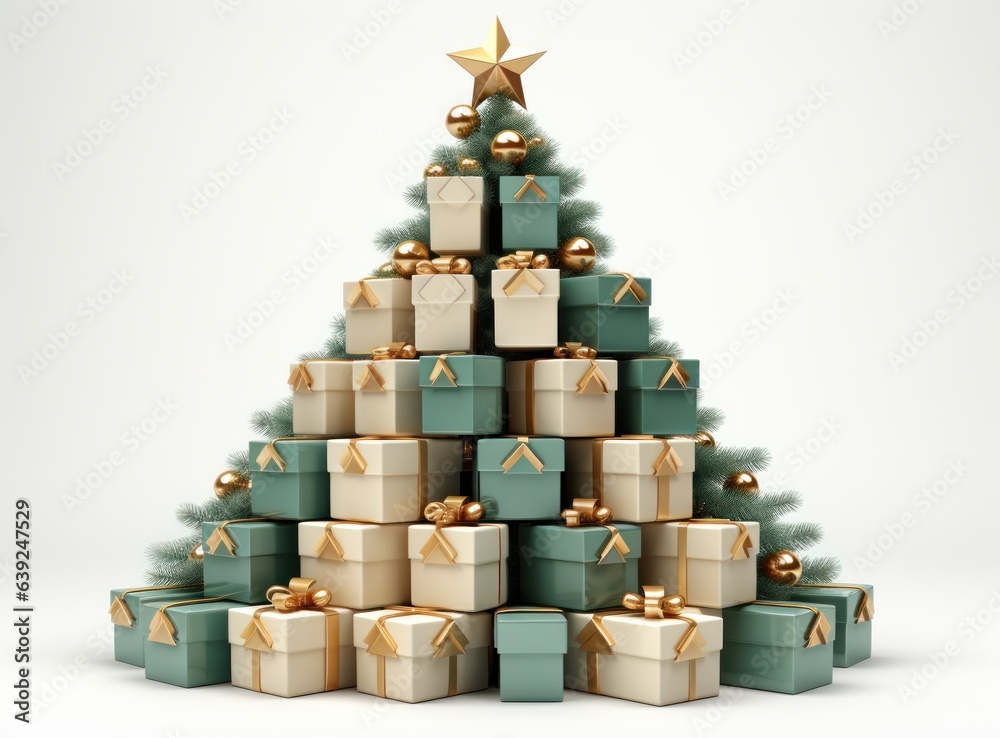 Christmas tree from green and gold gift boxes