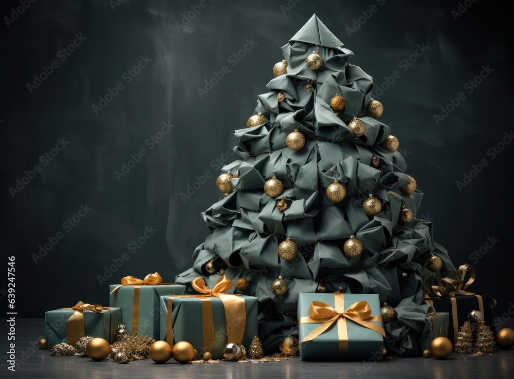 Christmas tree from green and gold gift boxes