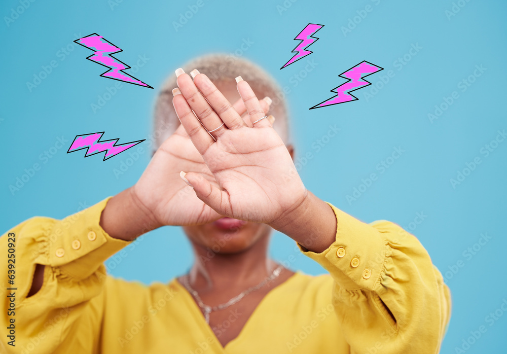 Hands, lightning graphic and a woman on a blue background for stop or rejection. Block, no and perso