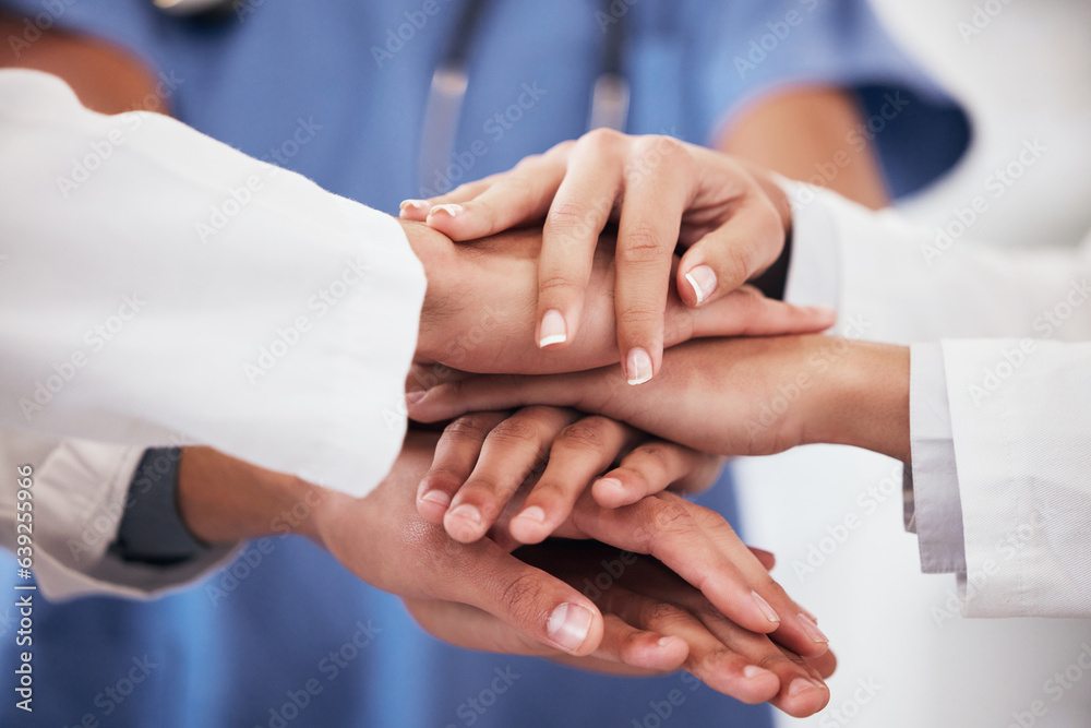 Hospital, mission and hands of doctors in support of teamwork, help or motivation for medical goal. 