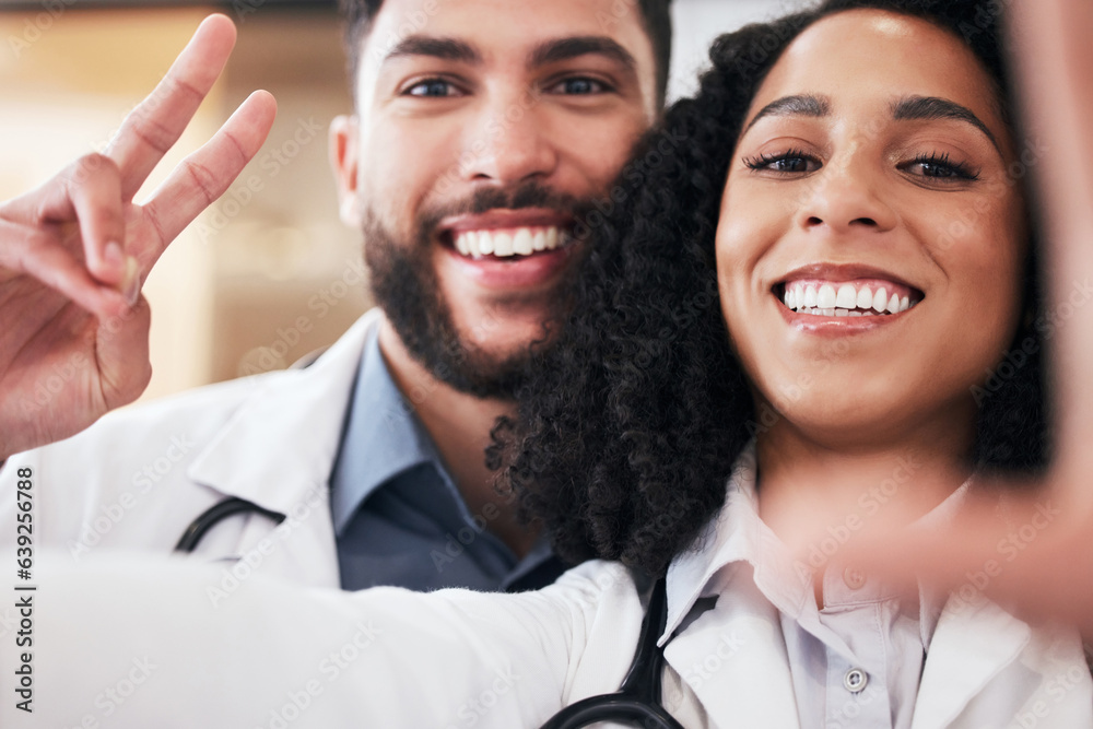 Pharmacy, peace sign and selfie portrait of pharmacists for social media, profile picture and clinic