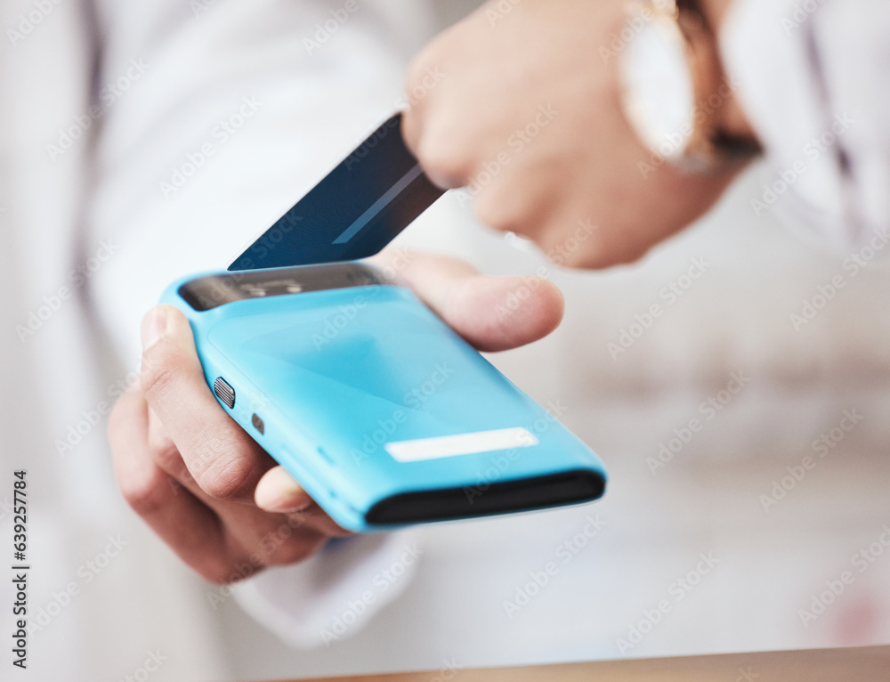 Credit card, hands and health payment in a store with cashier, machine and customer in a pharmacy. S