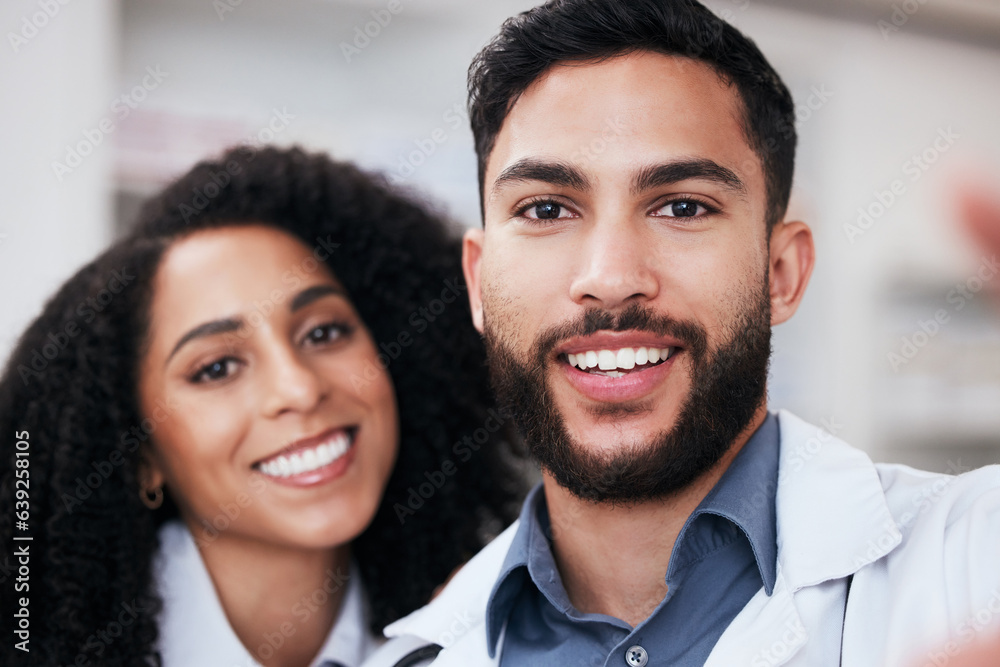 Pharmacy, selfie and portrait of man and woman for social media, profile picture and clinic website.