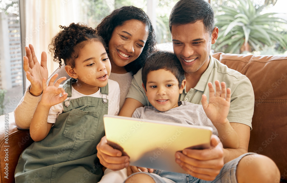 Tablet, video call and happy family with wave, youth and smile on a living room sofa at home. Mother