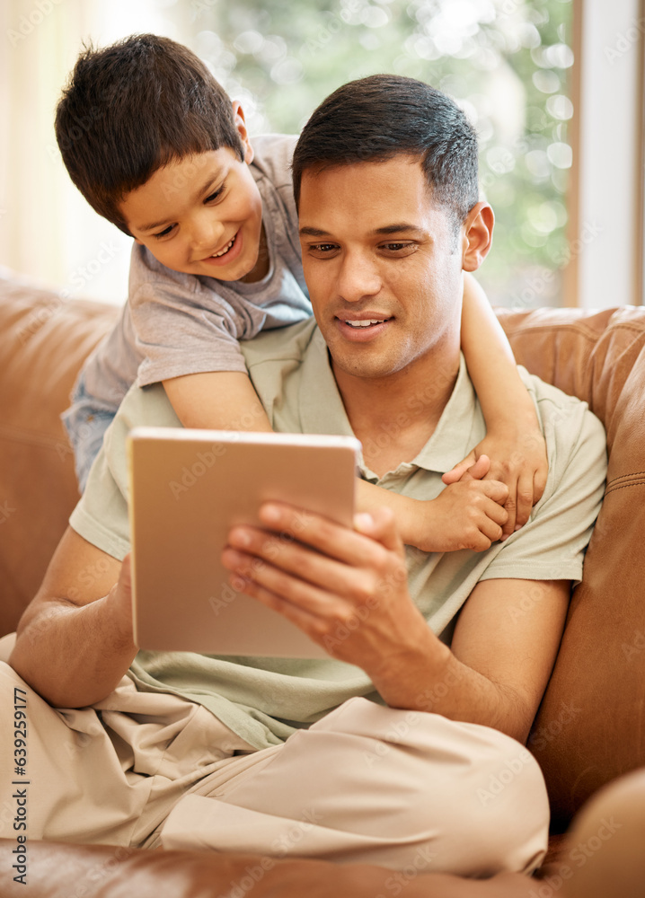 Happy father, kid and hug with tablet in home for online games, reading ebook story and elearning mu