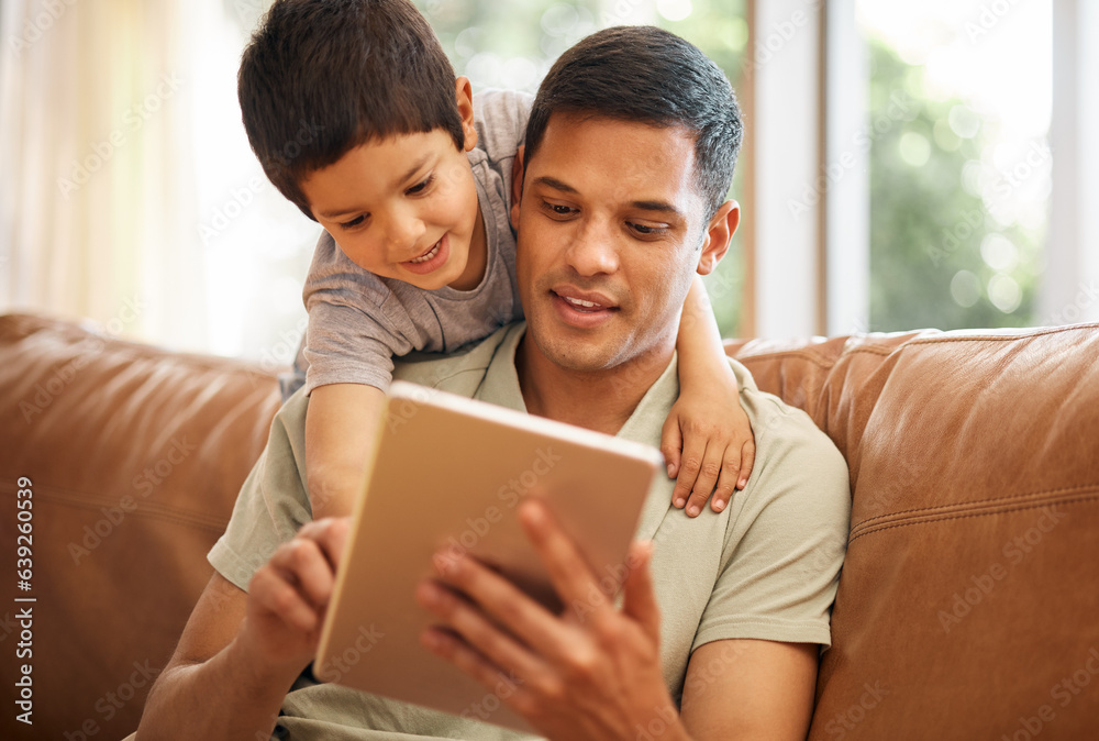 Father, boy and child with tablet on sofa for online games, reading ebook story and elearning multim