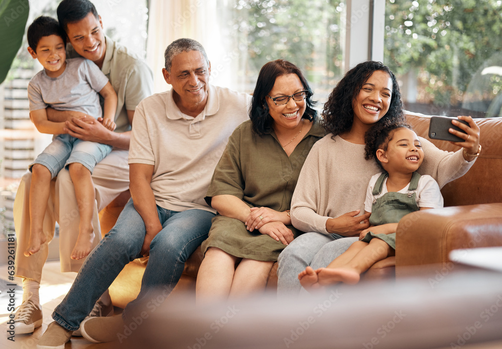 Happy family, selfie and grandparents and kids on sofa for holiday, love and relax together at home.