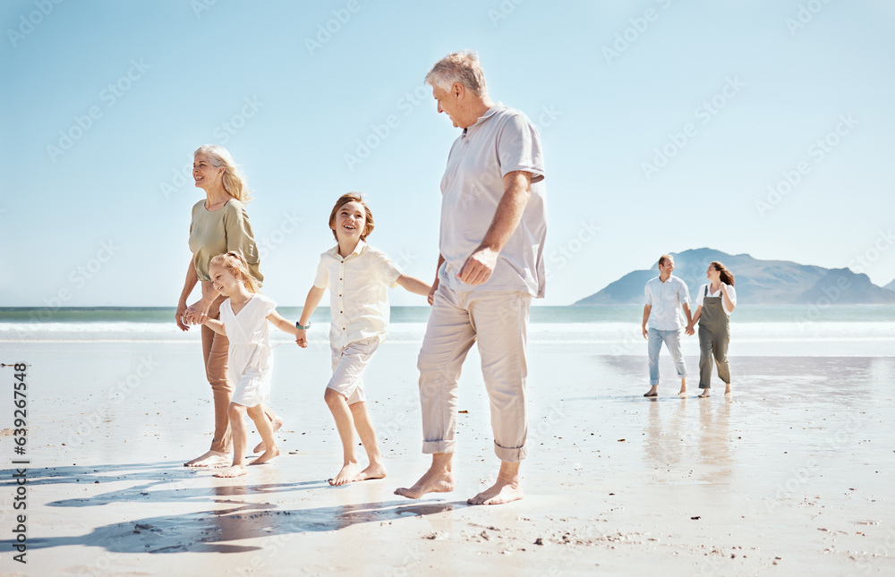 Grandparents, kids and holding hands on beach, family and parents with trust and support, tropical h