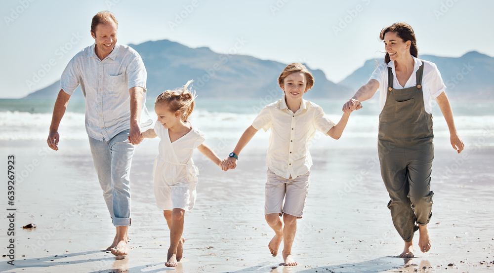 Adventure, running and family holding hands at the beach on vacation, holiday or weekend trip togeth