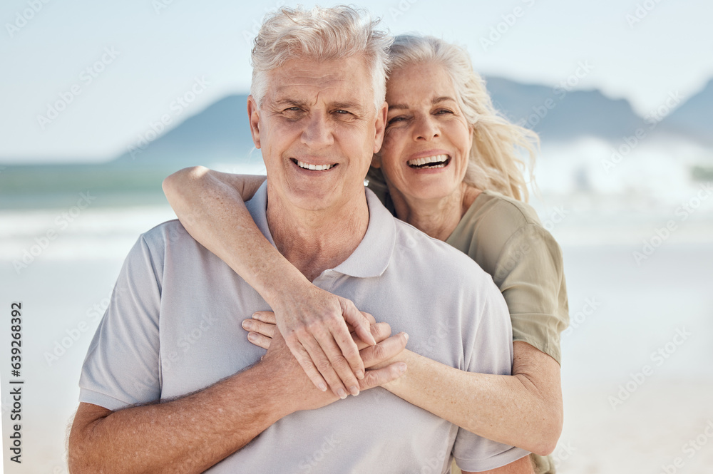 Hug, love and senior couple at the beach on a romantic vacation, adventure or weekend trip. Happy, s