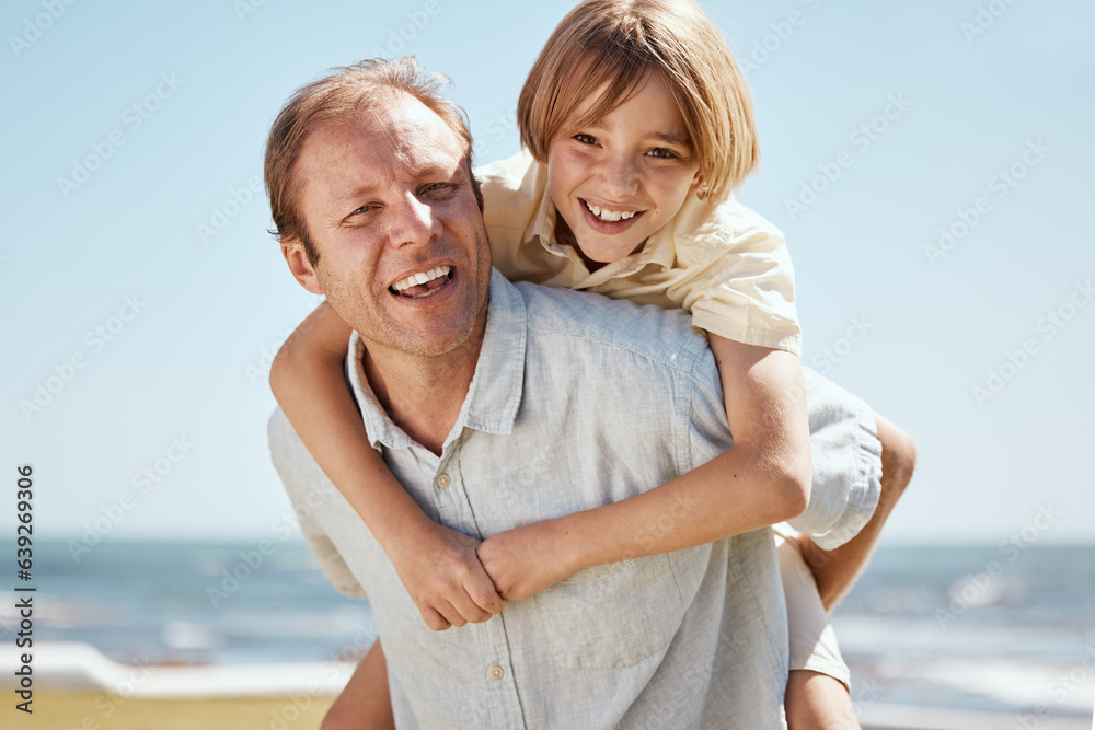 Happy father, child and piggyback on beach in family bonding, outdoor weekend or holiday on summer b