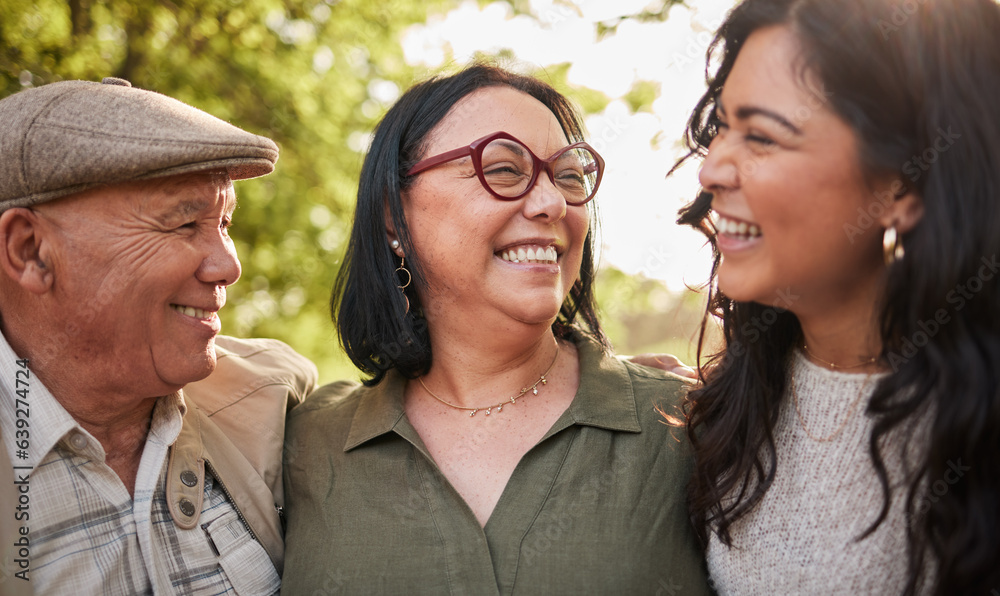 Nature, mature parents and daughter laughing at funny comedy, park humour and joke with mother, fath