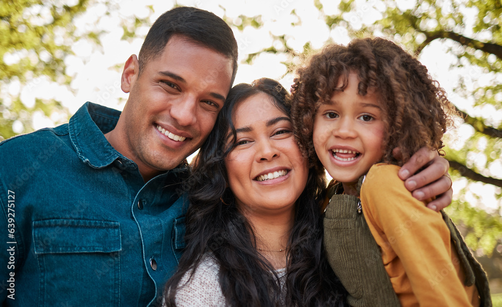 Nature, portrait and happy kid, mom and dad smile for outdoor adventure, love bond and connect in we