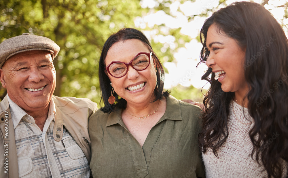 Portrait, mature parents and daughter laugh at retirement joke, goofy park journey or funny humour i