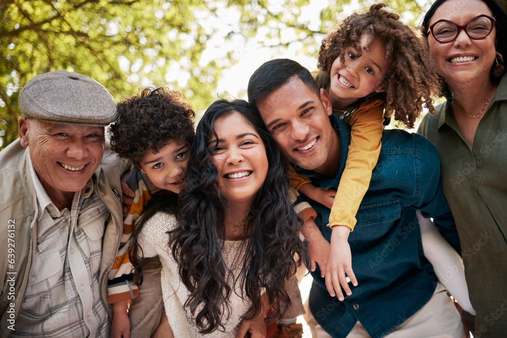 Nature park, portrait and big family smile for outdoor wellness, bonding and connect on Mexican vaca