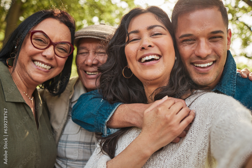 Family, parents and selfie by couple on a vacation or holiday happy together and with outdoor social