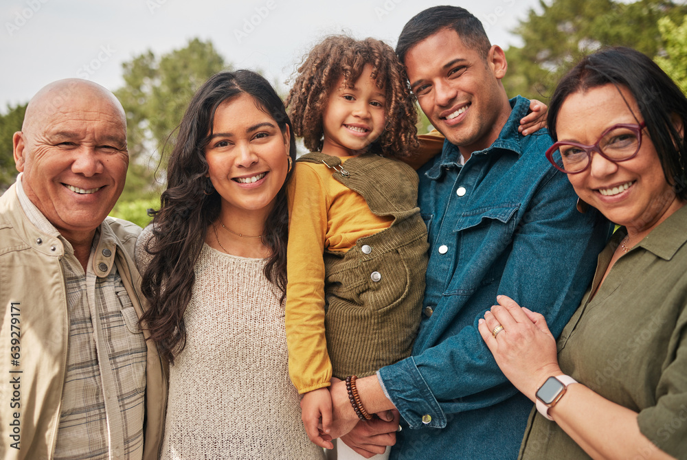 Happy family, grandparents and parent with kid in a park together and happy for vacation or outdoor 