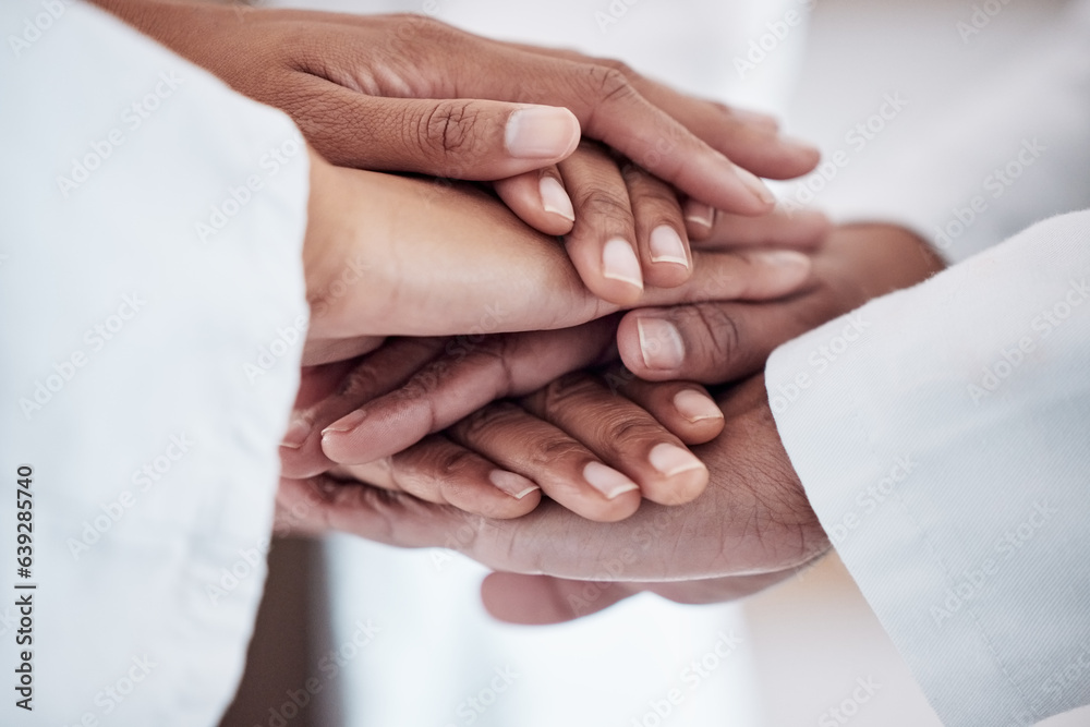 Medical, collaboration and hands together in circle for team, unity and motivation at a hospital. Do