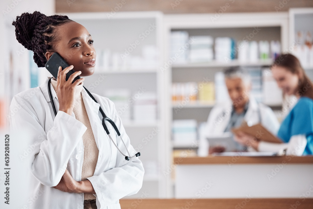 Pharmacist, medical or black woman on a phone call for medicine, customer service or healthcare supp