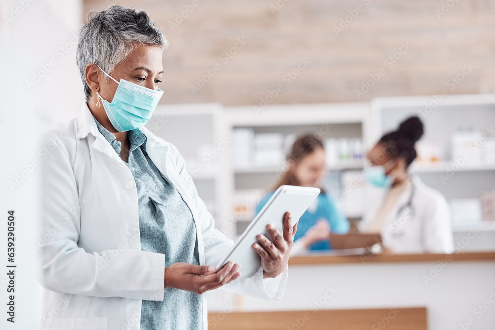 Hospital, doctor and woman with tablet, connection and network with telehealth, search internet and 