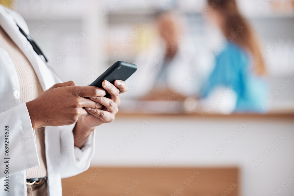 Pharmacist with phone, typing in clinic and medical information research, email or online chat. Smar