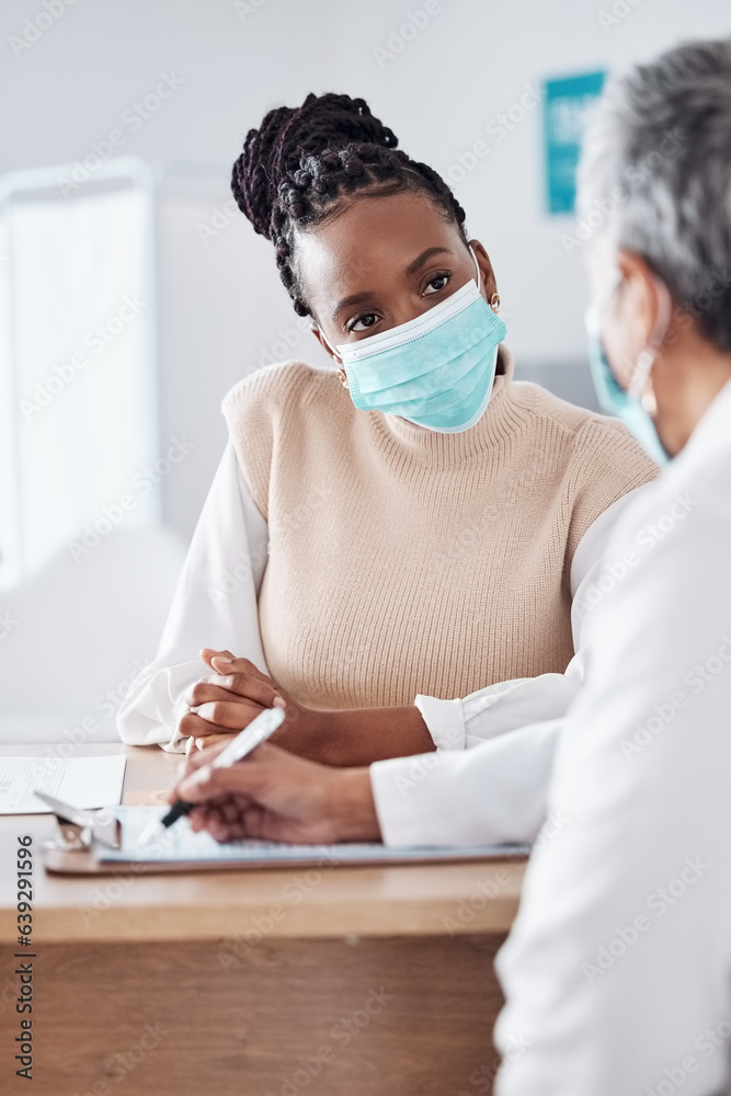 Face mask, doctor or nurse consulting a patient in meeting in hospital writing history or healthcare