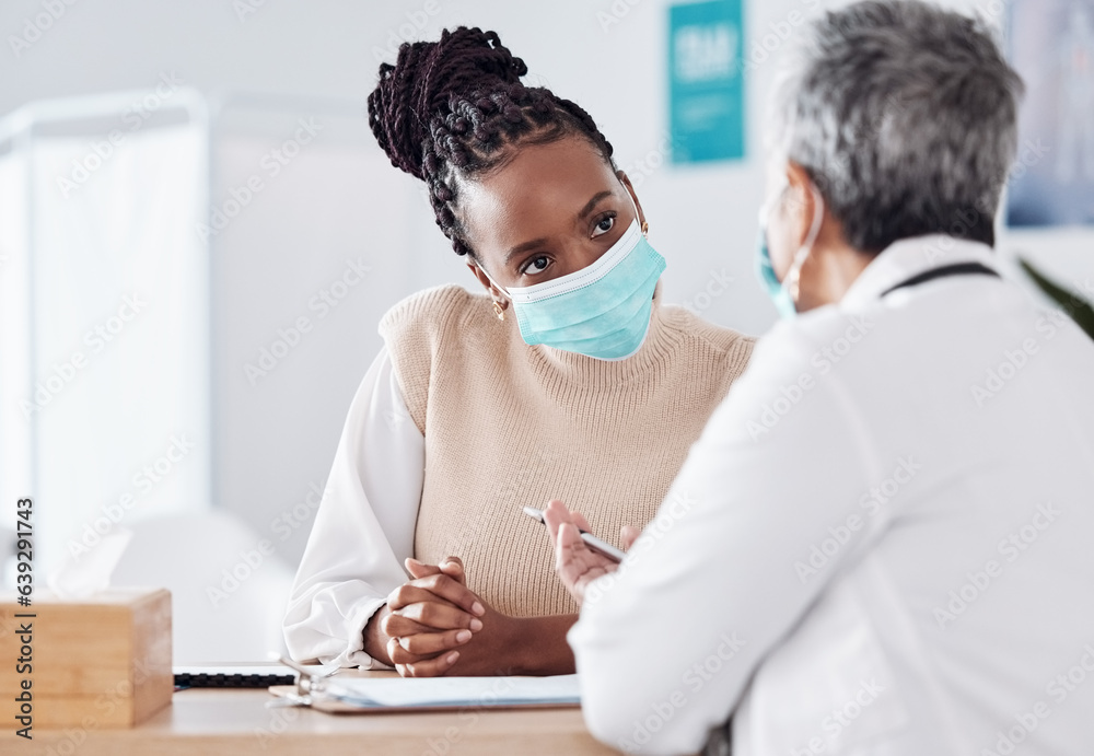 Face mask, help or doctor consulting a patient in meeting in hospital writing history or healthcare 