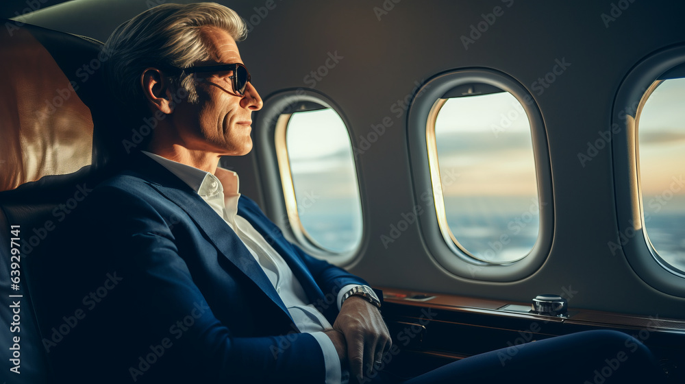 Rich billionaire mature man on a seat of his private jet looking through the plane window