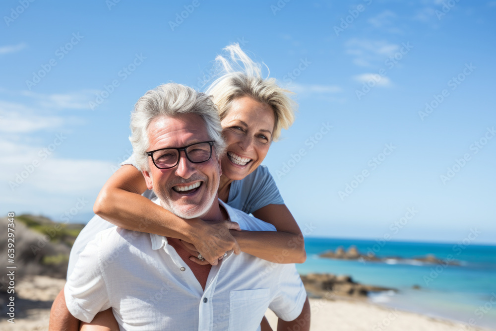 Happy mature senior couple of a man and a woman on the beach piggyback