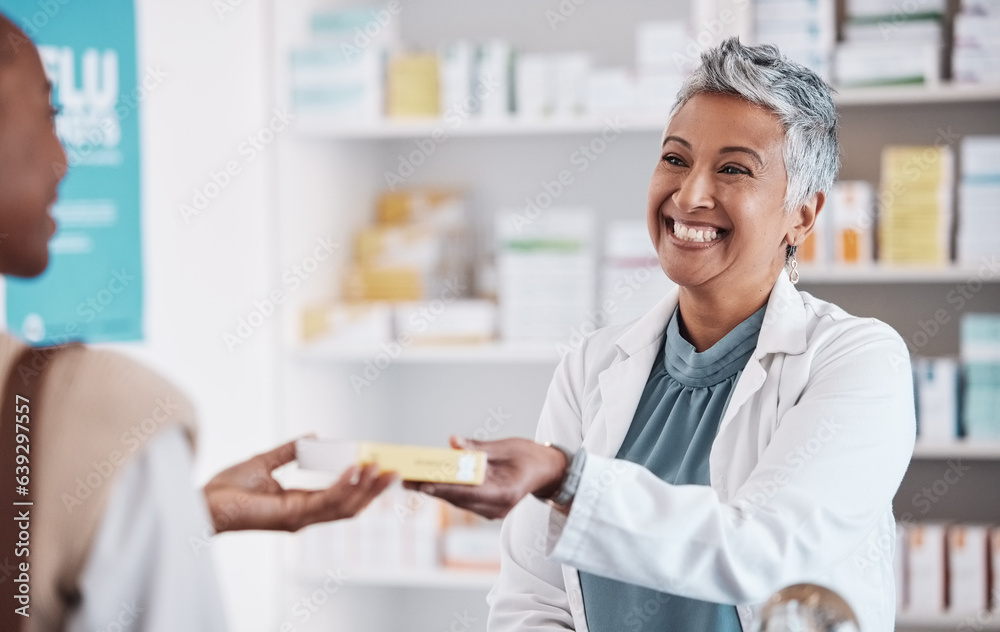 Pharmacist, medicine or patient with pills, supplements to patient in customer services help desk. P